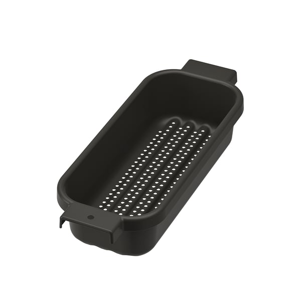 Black LILLHAVET colander, rectangular with handles, made of plastic, for draining and organising kitchen items.