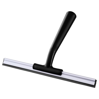 Black squeegee cleaning tool with silver blade and ergonomic handle for windows and shower surfaces.