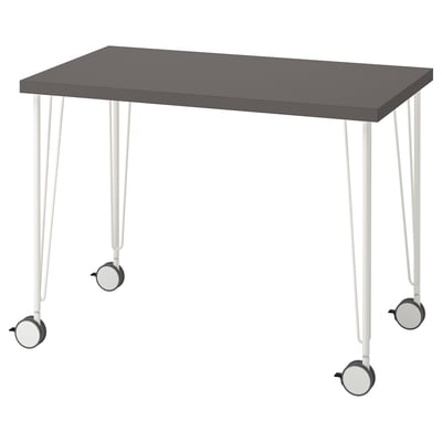 A modern desk named LINNMON with a black top and white hairpin legs featuring wheels for easy movement.