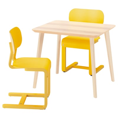 Bright yellow kids furniture set with light wood table, featuring modern chairs for play.