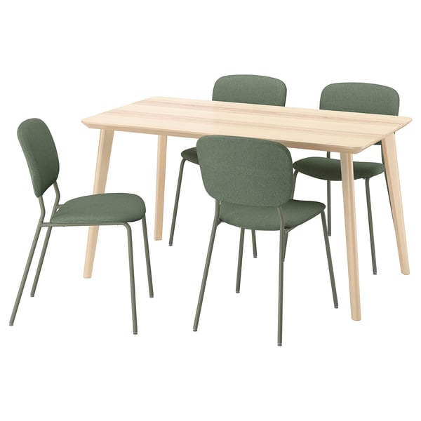 LISABO light wood table, four green chairs with metal legs. Modern, clean design, perfect for small spaces.