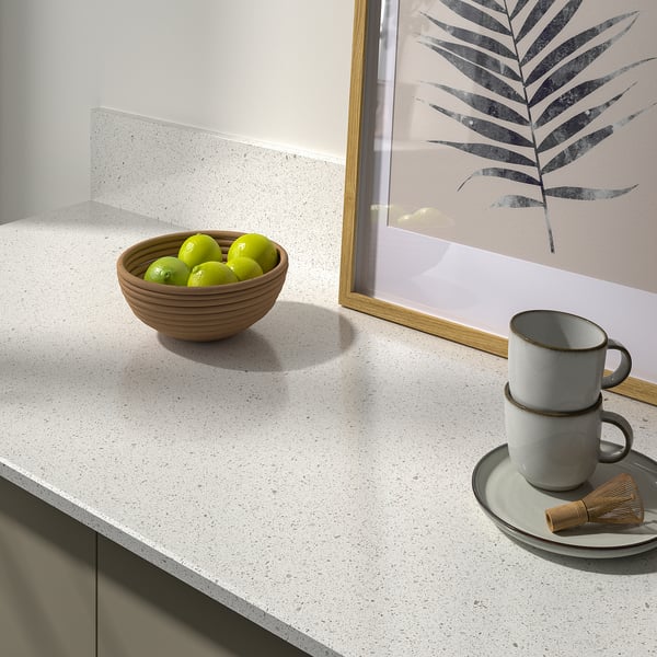 LOCKEBO Custom countertop, off-white mineral effect/glass composite, 1 m²x2.0 cm