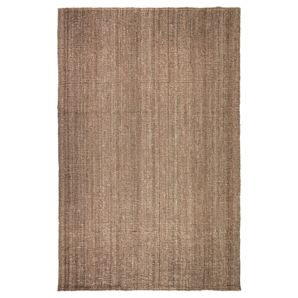Beige jute rug, textured, flat-woven, natural colours, for living rooms/dining areas.