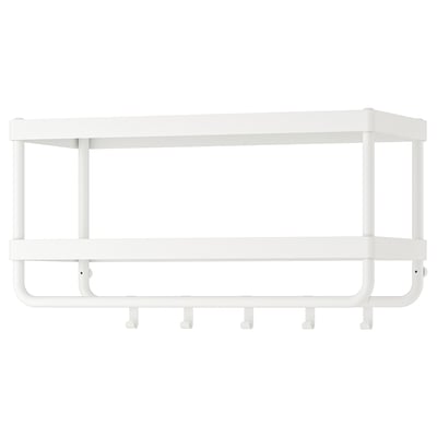 White MACKAPÄR wall shelf with hooks, steel and epoxy coating, rectangular shape.