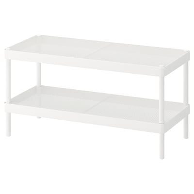 White MACKAPÄR storage unit with 2 mesh shelves, 4 metal legs, sleek design.