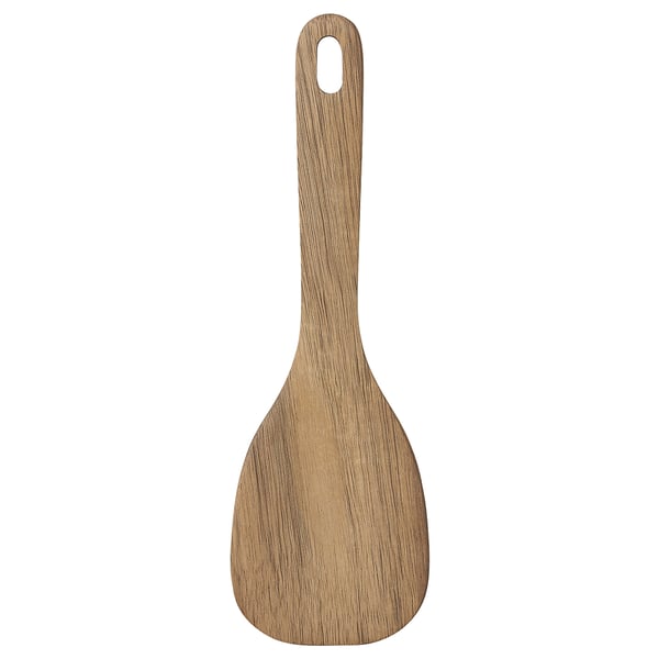 MAJFISK wooden spatula, natural brown, made of solid acacia, teardrop-shaped.