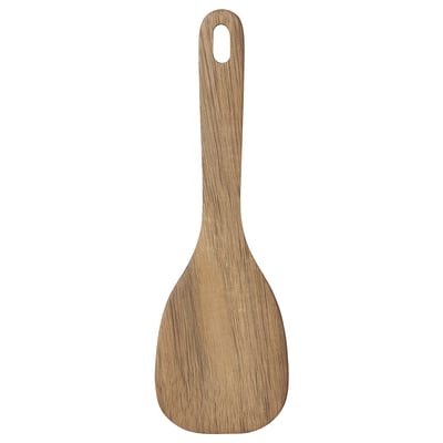 MAJFISK wooden spatula, natural brown, made of solid acacia, teardrop-shaped.