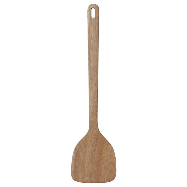 Brown wooden spatula, MAJFISK, with hanging hole. Solid acacia wood, gentle on cookware.