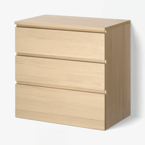 MALM light wood 3-drawer chest, simple modern look, smooth running drawers, wall-anchored safety.