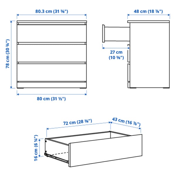 Illustration with measurements for the product: MALM.
