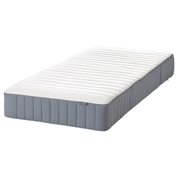IKEA MALM bed, gray-blue, rectangular, solid wood veneer, clean design.