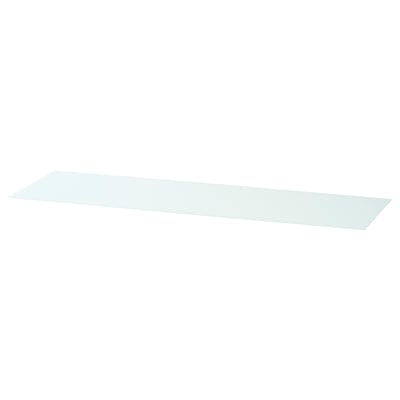 Clear rectangle glass shelf, flat, sleek design, made of tempered glass.