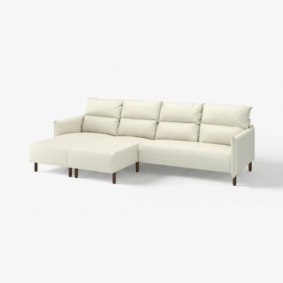 MANNARP white sofa, modern l-shape with high back, wooden legs, cosy cushions.