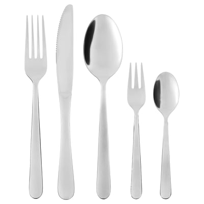 A silver-colored, stainless steel cutlery set from MARTORP. It includes a fork, knife, large spoon, dessert fork, and teaspoon with a timeless design.