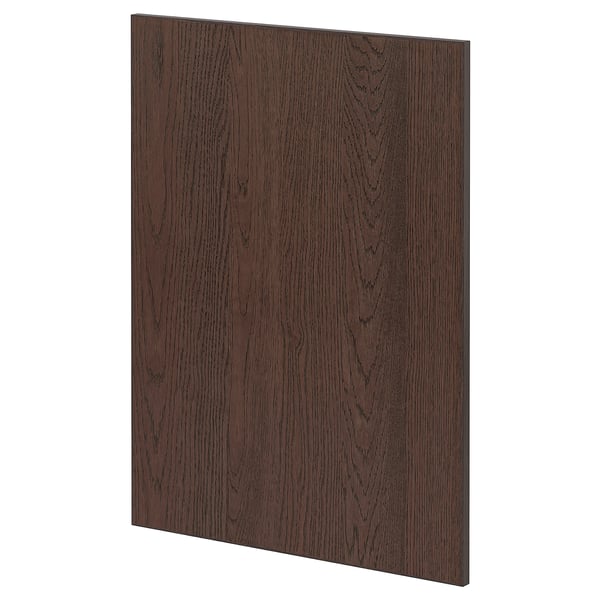 Dark brown wooden panel, smooth texture, rectangular shape.