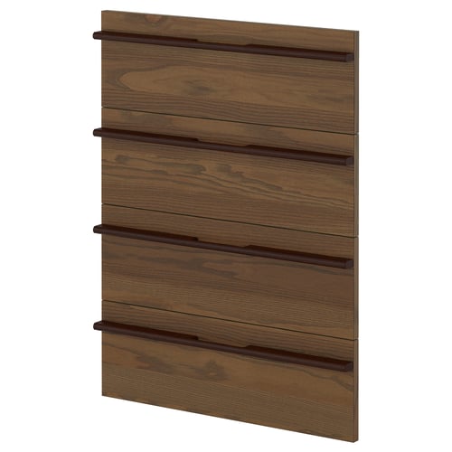 A dark brown wooden kitchen wall unit with multiple shelves, featuring a sleek and modern design.