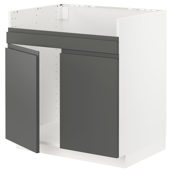 A modern kitchen cabinet from IKEAs METOD system in dark grey with a sleek, handleless design.