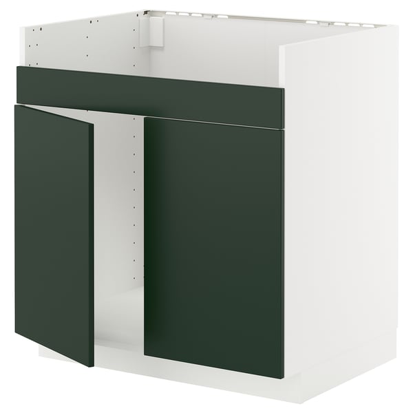 Modern METOD kitchen cabinet in white with dark green doors and top.