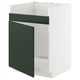 A white METOD kitchen cabinet with dark green havstorp doors. It has a rectangular shape and a modern design.