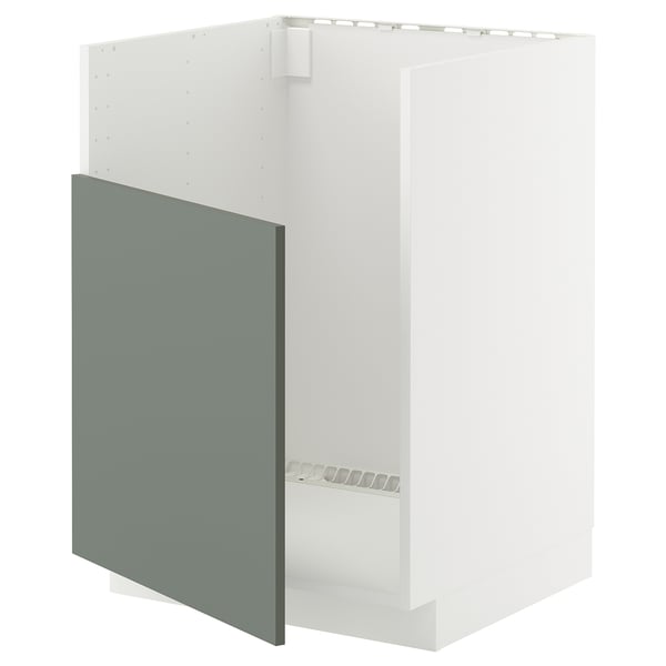 A white METOD kitchen cabinet with a grey-green door, featuring a sturdy frame and snap-on hinges.