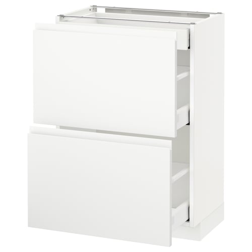 Modern white kitchen cabinet with two drawers and a door, sleek minimalist design, high gloss finish, durable particleboard and steel.