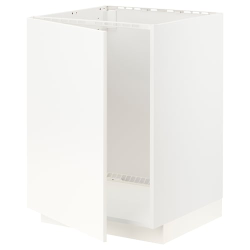 White METOD kitchen cabinet with square design, made of fibreboard and particleboard, featuring snap-on hinges.