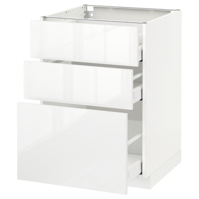 White glossy kitchen cabinet with three drawers.
