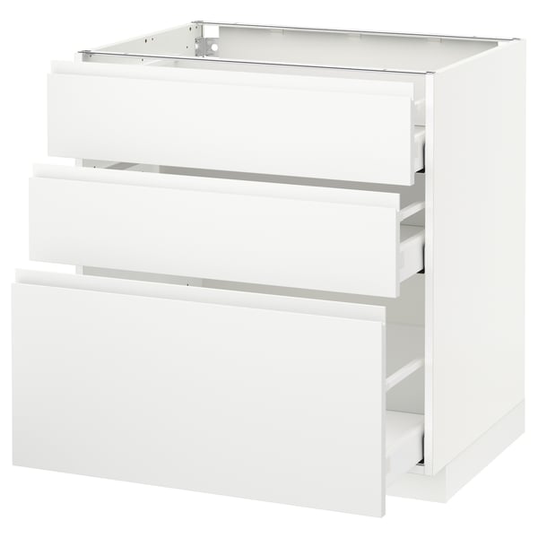 White METOD kitchen cabinet with three drawers, sleek minimalist design.