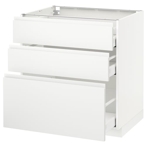 White METOD kitchen cabinet with three drawers, sleek minimalist design.