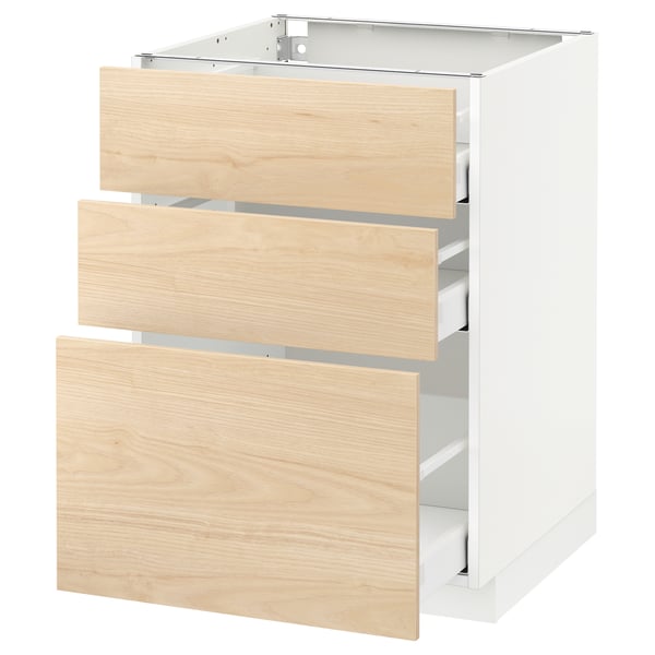 Modern kitchen unit with three light ash wood drawers, white frame, full-extension drawer runs.