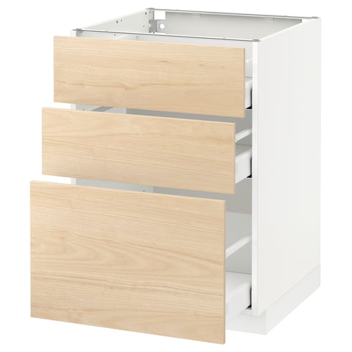 Modern kitchen unit with three light ash wood drawers, white frame, full-extension drawer runs.