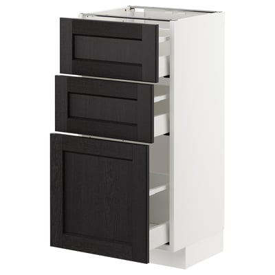 The METOD kitchen unit 3 black-stained wood drawers and cabinets with sleek, bevelled edges.