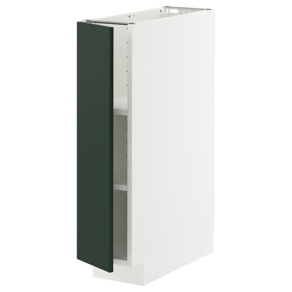 A white and green METOD kitchen cabinet with a single door and adjustable shelves.