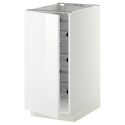 White METOD kitchen cabinet, glossy finish, with pull-out wire baskets.