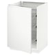 White METOD kitchen cabinet with minimalist design, smooth finish, integrated handles, open door revealing storage baskets.