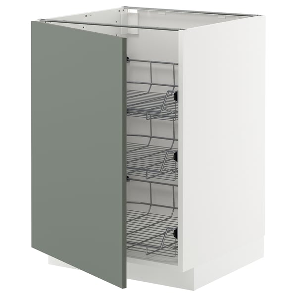 A modern grey-green kitchen cabinet with multiple wire shelves. The cabinet a sleek, rectangular design and smooth pull-out baskets.
