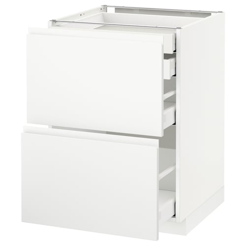 White kitchen cabinet with drawers, minimalist design.