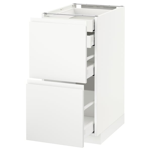 White kitchen cabinet, sleek design with integrated handles, two drawers, modern minimalist.