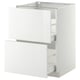 A white METOD kitchen cabinet with two open drawers. The cabinet a modern, glossy design.