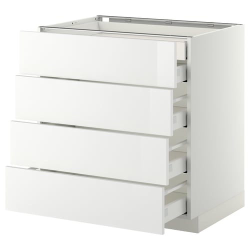 White, modern kitchen cabinet with multiple drawers, sleek high-gloss finish, durable construction.