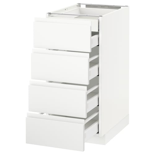 A white METOD kitchen cabinet with multiple drawers in a clean, minimalist design.