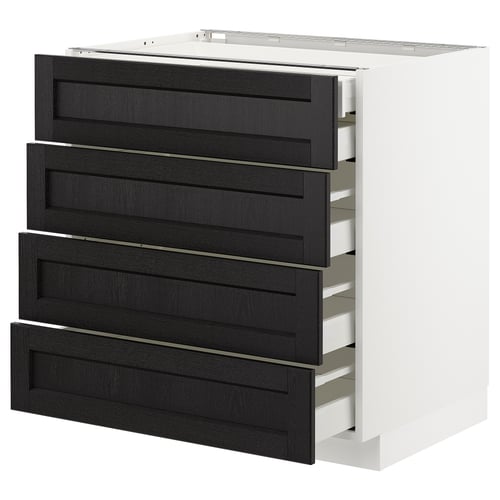 Modern METOD white cabinet with four black wooden drawers.