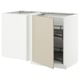 White and beige METOD kitchen cabinets with pull-out shelf, modern design.