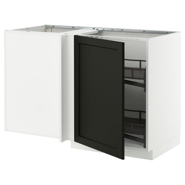 Modern white kitchen unit with black door, no knobs, pull-out shelves.