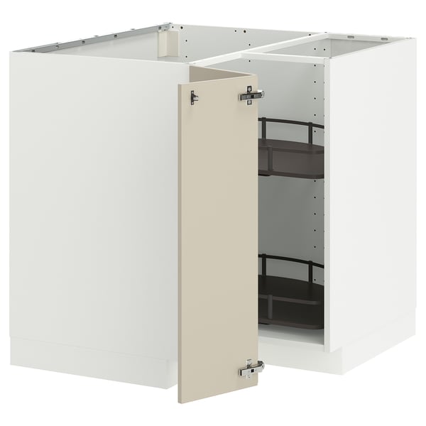 Modern white kitchen cabinet with beige door, open shelves, sleek design.