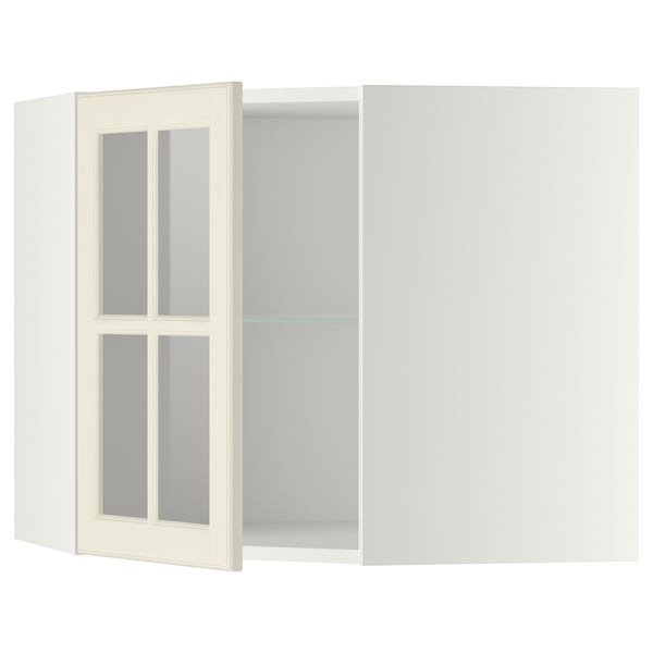 White METOD kitchen cabinet with glass door & bevelled edges.