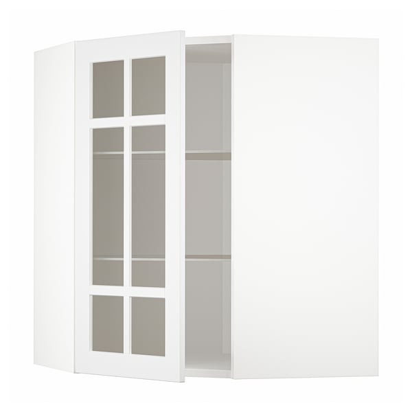 White METOD kitchen corner cabinet with frosted glass doors and adjustable shelf.