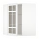 White METOD kitchen corner cabinet with frosted glass doors and adjustable shelf.