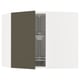 METOD dark brown havstorp kitchen cabinet with glass shelves.