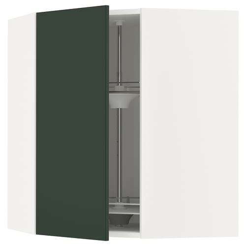 Open green METOD kitchen cabinet with glass shelves.